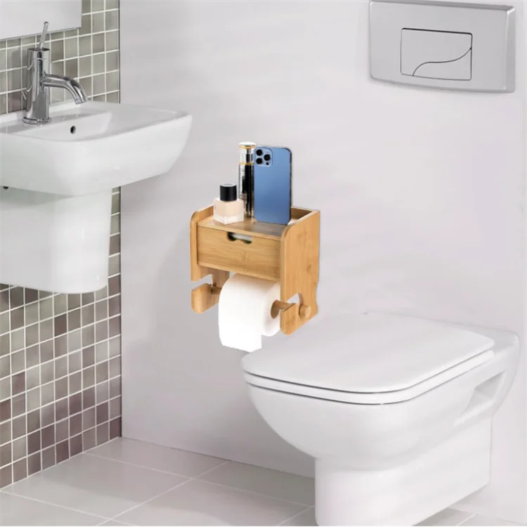 Wall-Mounted Bamboo Toilet Paper Holder with Shelf and Storage Organizer for Office Metal and Plastic Material
