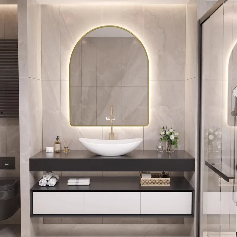 Plywood Wall Hung Bathroom Vanity Set With Stainless Steel Hinge Bathroom Cabinet Modern With Table Top Ceramic Basin