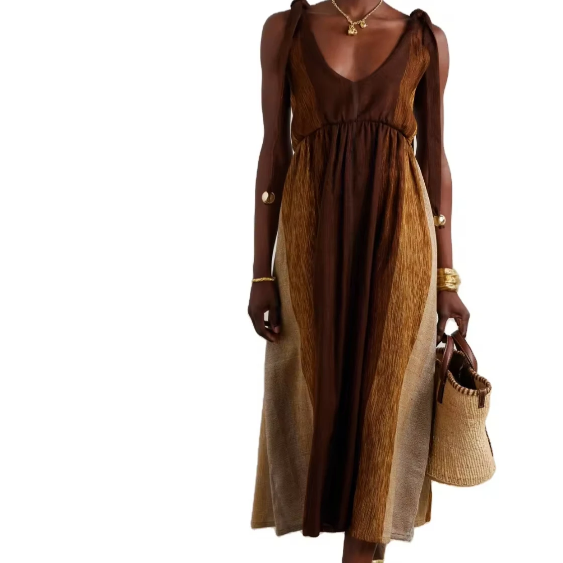 High quality clothing custom open back strap embellishment striped woven dress small order customization factory