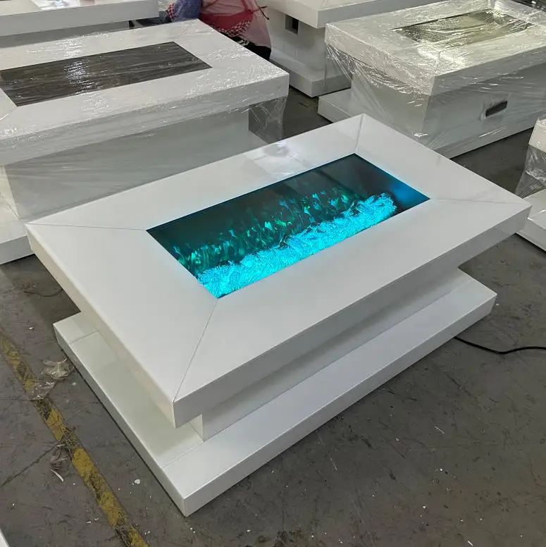 Contemporary Rectangle Glass Coffee Table with Luxury Style Mirrored Fireplace Modern Home Furniture for Living Room