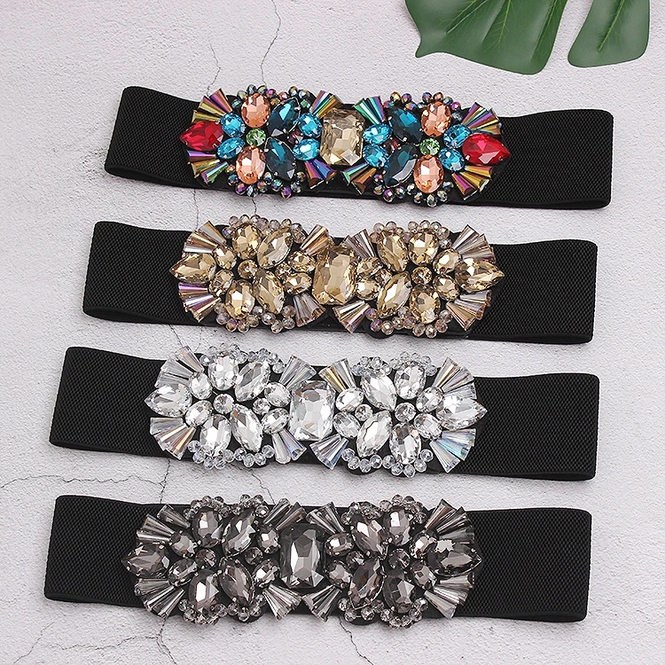 Women Rhinestone Belt Full Crystal Buckle Cummerbund Wide Elastic Waistband Shiny Party Belt