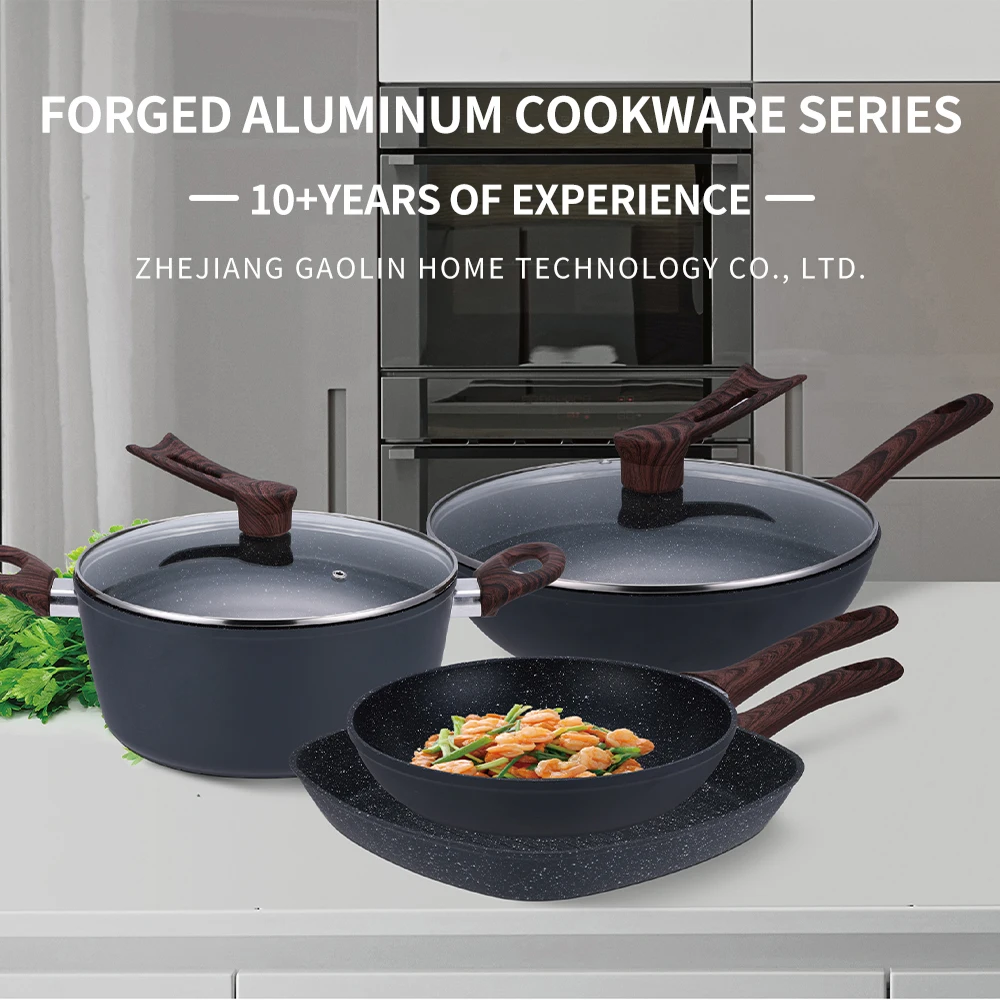 Cookware set forged aluminum kitchenware sauce pan frying pan frying pan casserole set non-stick marble coated bakelite handle