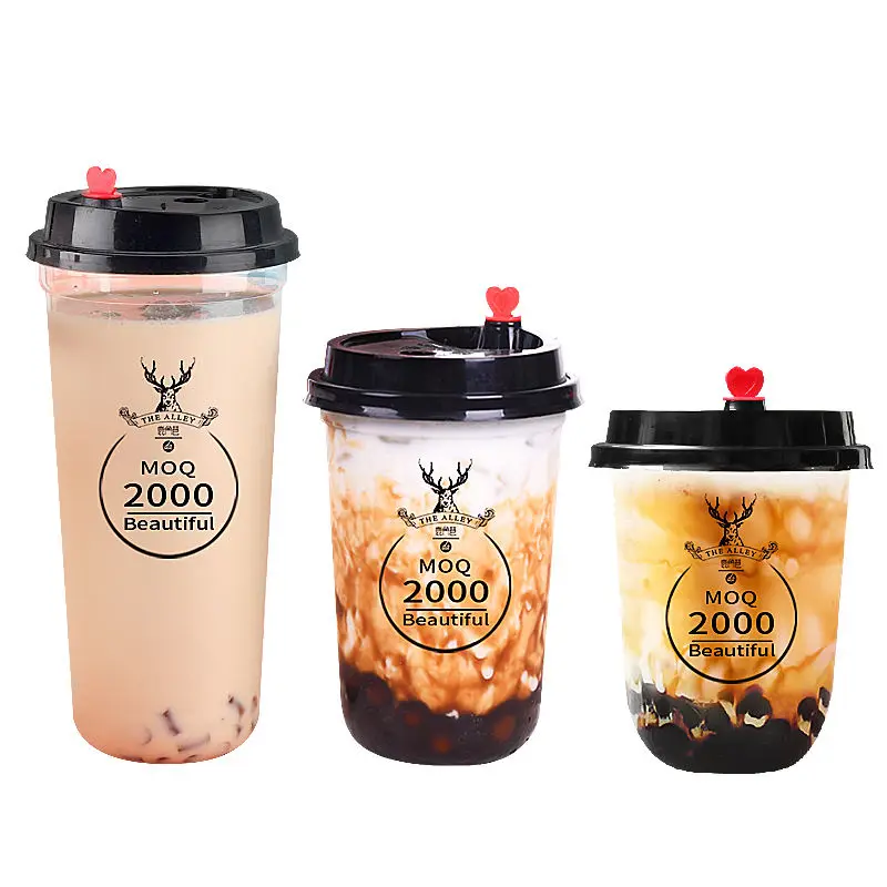 U Shape Food Grade Customized Printed 8/16/32 Oz Clear Disposable Plastic Bubble Milk Tea PP Injection Cup with PP PS Lid