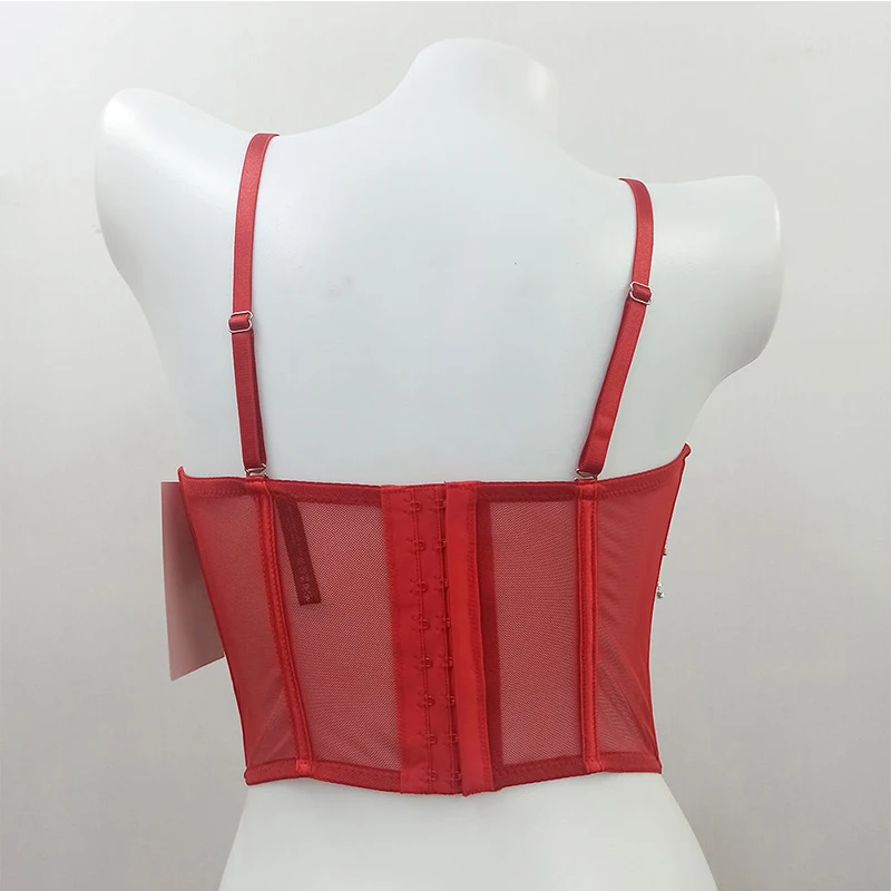 Custom Ladies rhinestone red mesh corset top lingerie women high quality push up bra bustier top