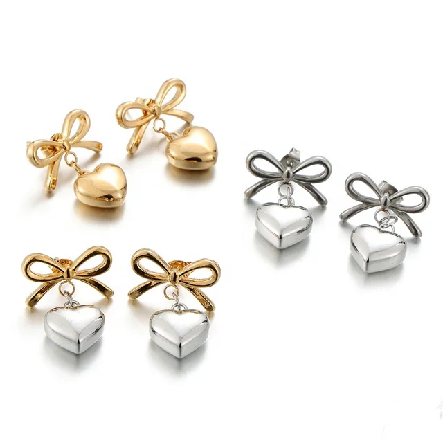 Yiwu Aceon Stainless Steel Casting Domed Surface Bow Knot Earring Post Dangle Plain Puffy Fat Heart Charm Earring