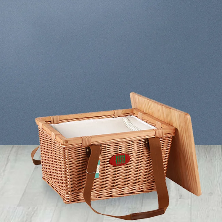 Wholesale OEM outdoor Camping handmade wooden basket rattan basket picnic basket with wood lid square shape