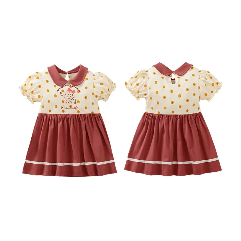 Printed baby girl dress cotton sweet doll collar retro brown cartoon cookie design spot wholesale