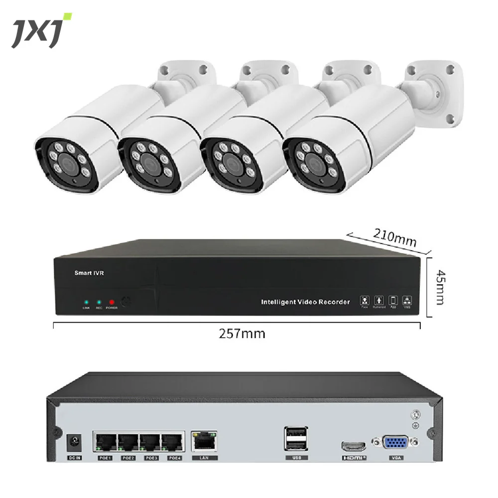 JXJ Manufacturer Outside Inside Waterproof 5MP HD 4CH Channels Smart Home Cctv 4 Bullet Camera Wall Outlets NVR Set Kit POE