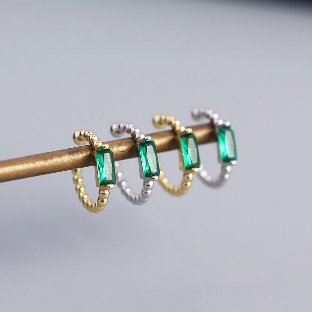 Women 925 Sterling Silver Beaded Emerald Diamond Ear Cuff Earrings Fashion