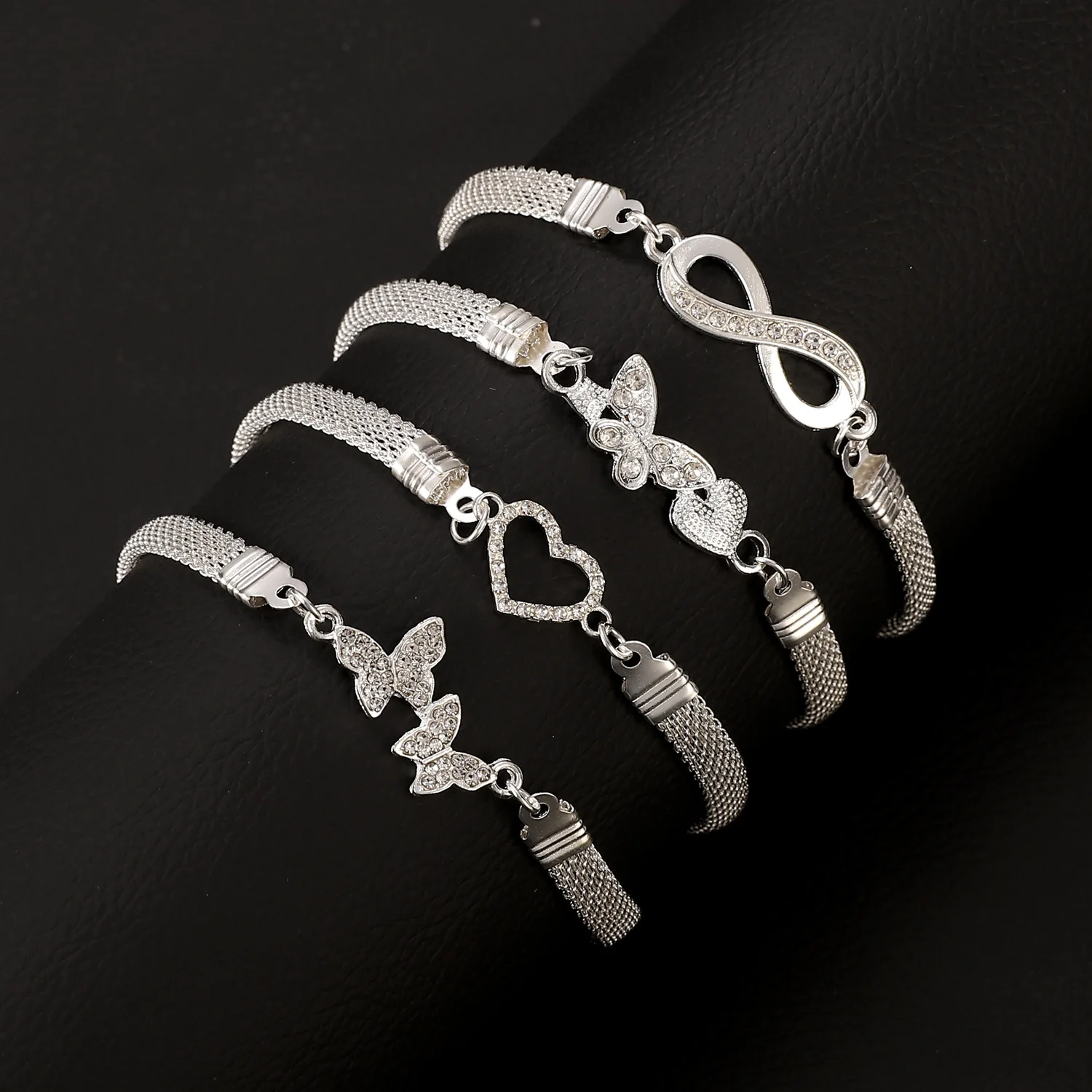 Trendy Woven Mesh Silver Alloy Foot Chains for Women Shiny Diamond Inlay Love Heart Butterfly Infinite Symbol Ankle Chains