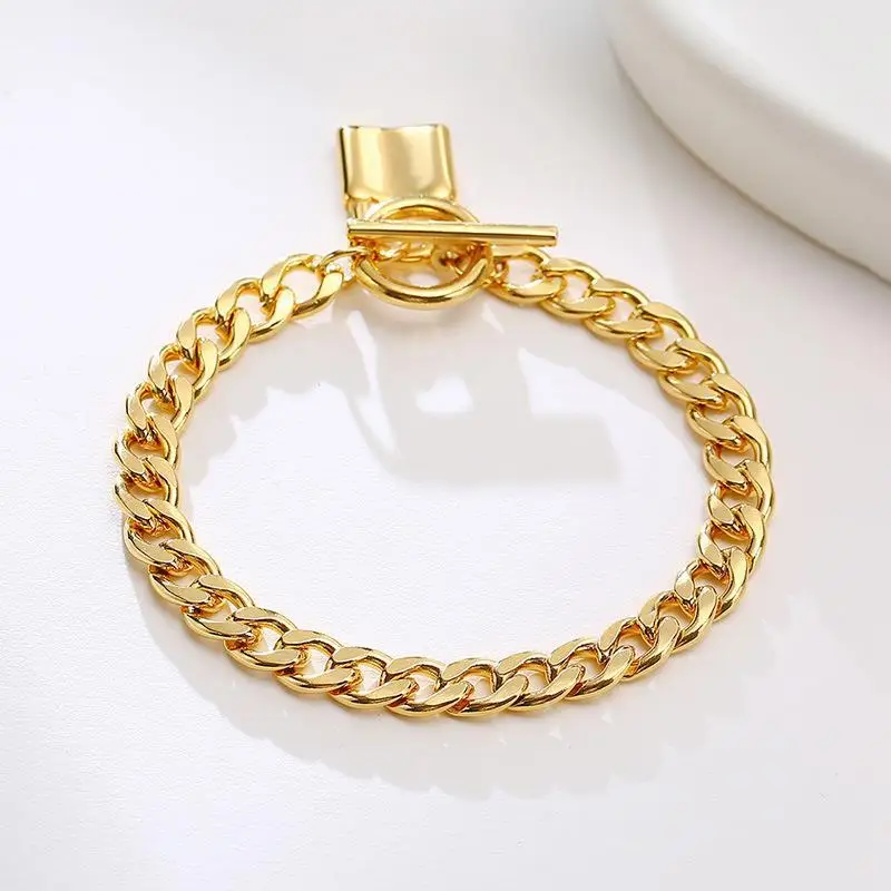 New Design 7mm 18K Gold Stainless Steel Cuban Link Chain Lock Pendant Bracelet For Men Women Unisex