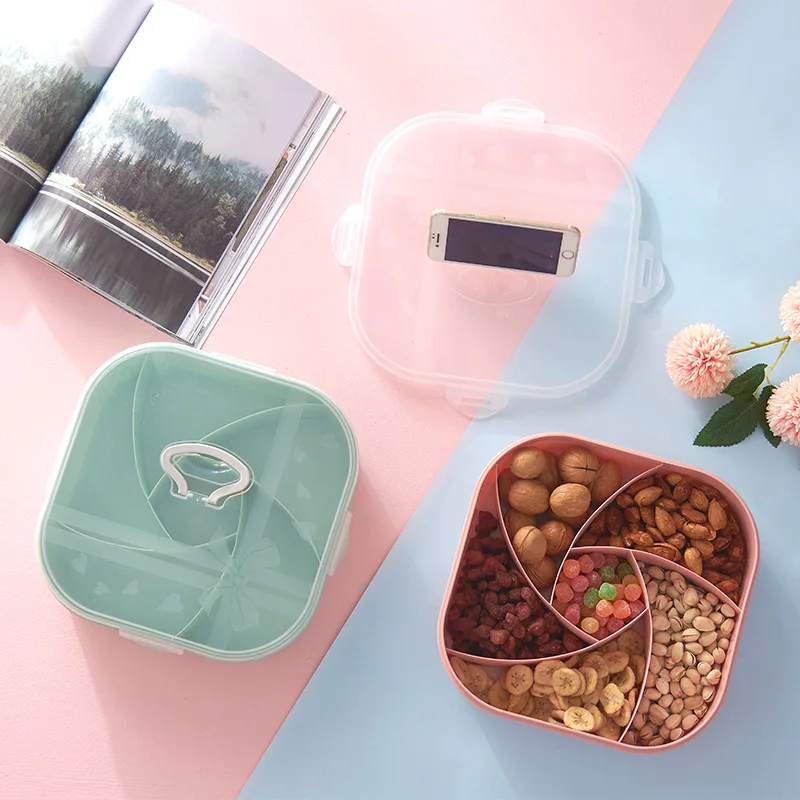 Sealed plastic compartment dried fruit box with lid and portable melon seeds candy box snack storage box