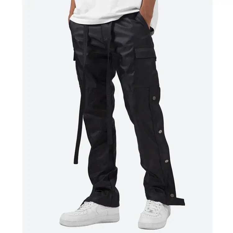 custom men  Utility Pockets  pants snap drawstring waist  button side zipper detail relax fit nylon cargo pants