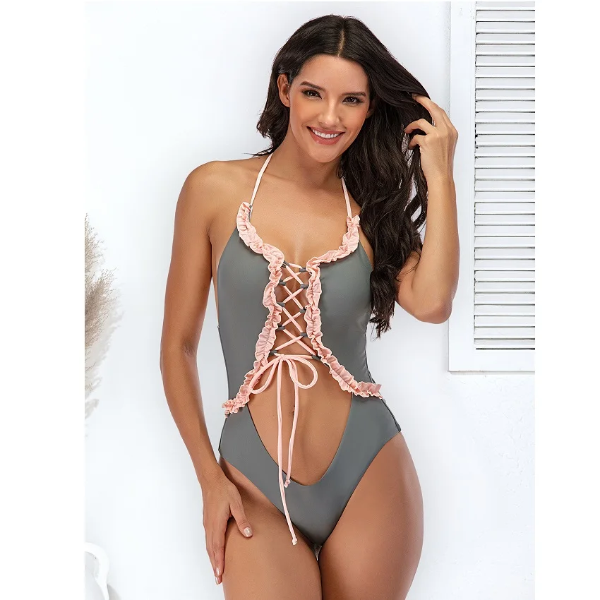 Australia Bikini Boutique Clothing Women One Piece Swimwear Swimsuit with Lace Side Sexy Bikini