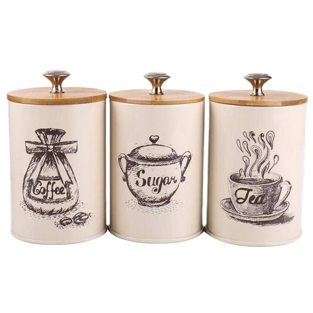3 Pack Kitchen Canisters with Bamboo Lids Coffee Tea Food Storage Candy Sugar Containers Modern Design Jar Airtight Metal Set
