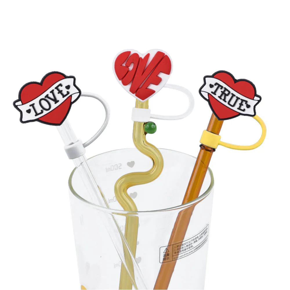 custom straw accessories charms pink heart silicone straw cover topper 3d straw topper honey silicone cap cover for cup