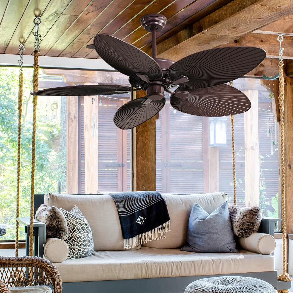 Tropical Ceiling Fan Palm Leaf Rattan Outdoor Decorative Ceiling Fan With Remote Control