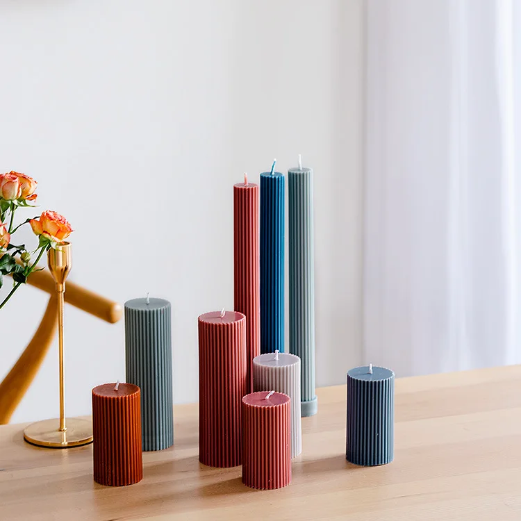Wholesale Custom Luxury wedding home decoration colored round shaped 100% natural strip cylinder long pillar soy wax candle