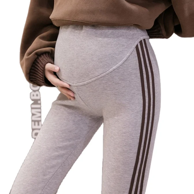 
Autumn and winter velvet pregnant leggings casual fashion high waist support vertical strip maternity slim pants for women 