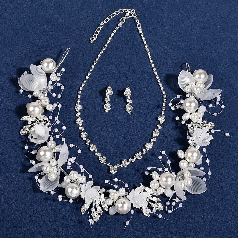 Pearly Flower Alloy Hair Band Necklace Jewelry Set Circle Beaded Jewelry Set With Earing Pearls Bride Hair Accessories Wedding