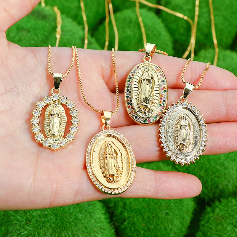 Real Gold Plated Rainbow CZ Oval Virgin Mary Pendant Necklace Trendy Gold Tone Religious Jesus Mary Necklace For Girls