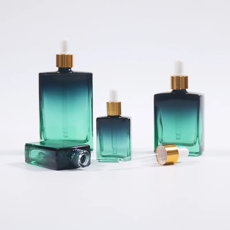 Wholesale Flat Square Rectangle Serum Bottle Luxury 15ml 30ml 50ml 100ml Cosmetic Packaging Essential Oil Glass Dropper Bottle