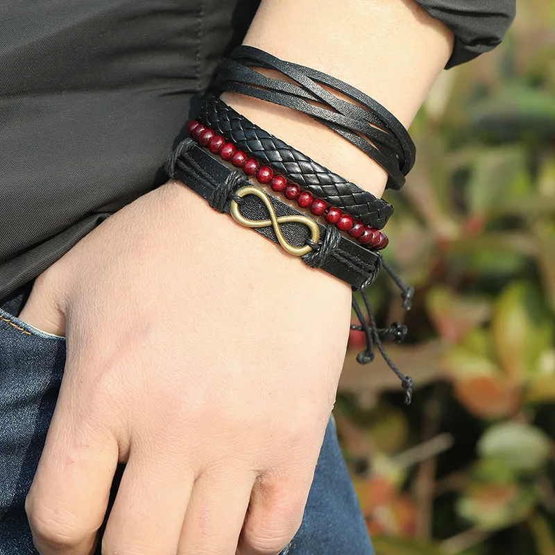 Men Woven Hemp Rope Leather Hand Chain Set Beads products Bracelet bracelet mens accessories