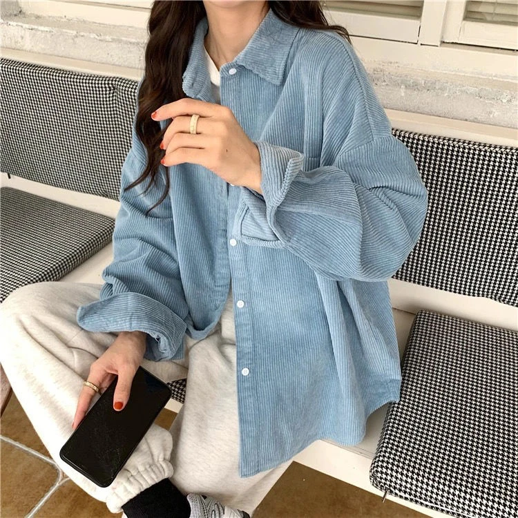 Autumn Korean Style Corduroy Shirt Women Casual Oversized Kawaii Harajuku Long Sleeve White Chic Blouse Female Student