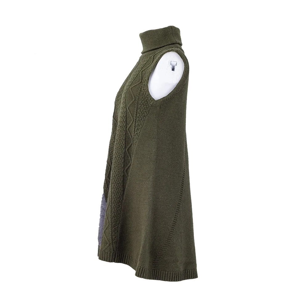 2021 fashion green color high neck yak wool kness-Length women dress sleeveless winter dress for women