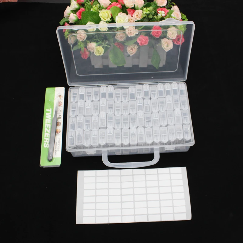 Wholesale 64 Slots Grid Storage Box For Diamond Painting Lock Plastic Box Diamond Painting Tools Add Tweezers