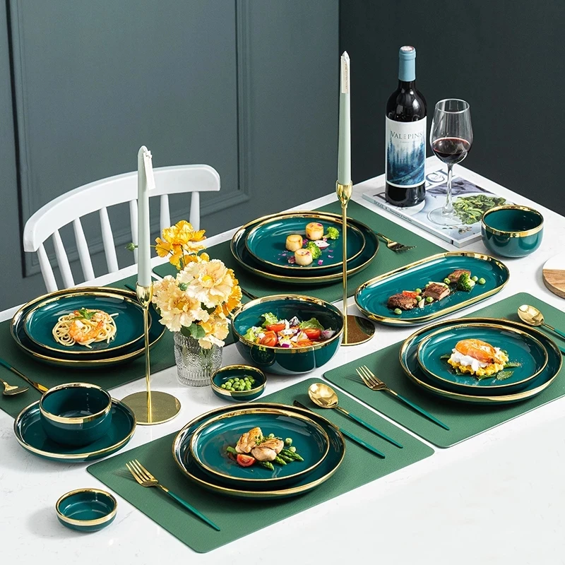 Ceramic Dinner Plates Dinnerware Set Dishes Luxury Green Food Salad Soup Bowl Plate And Bowls Set For Restaurant Hotel