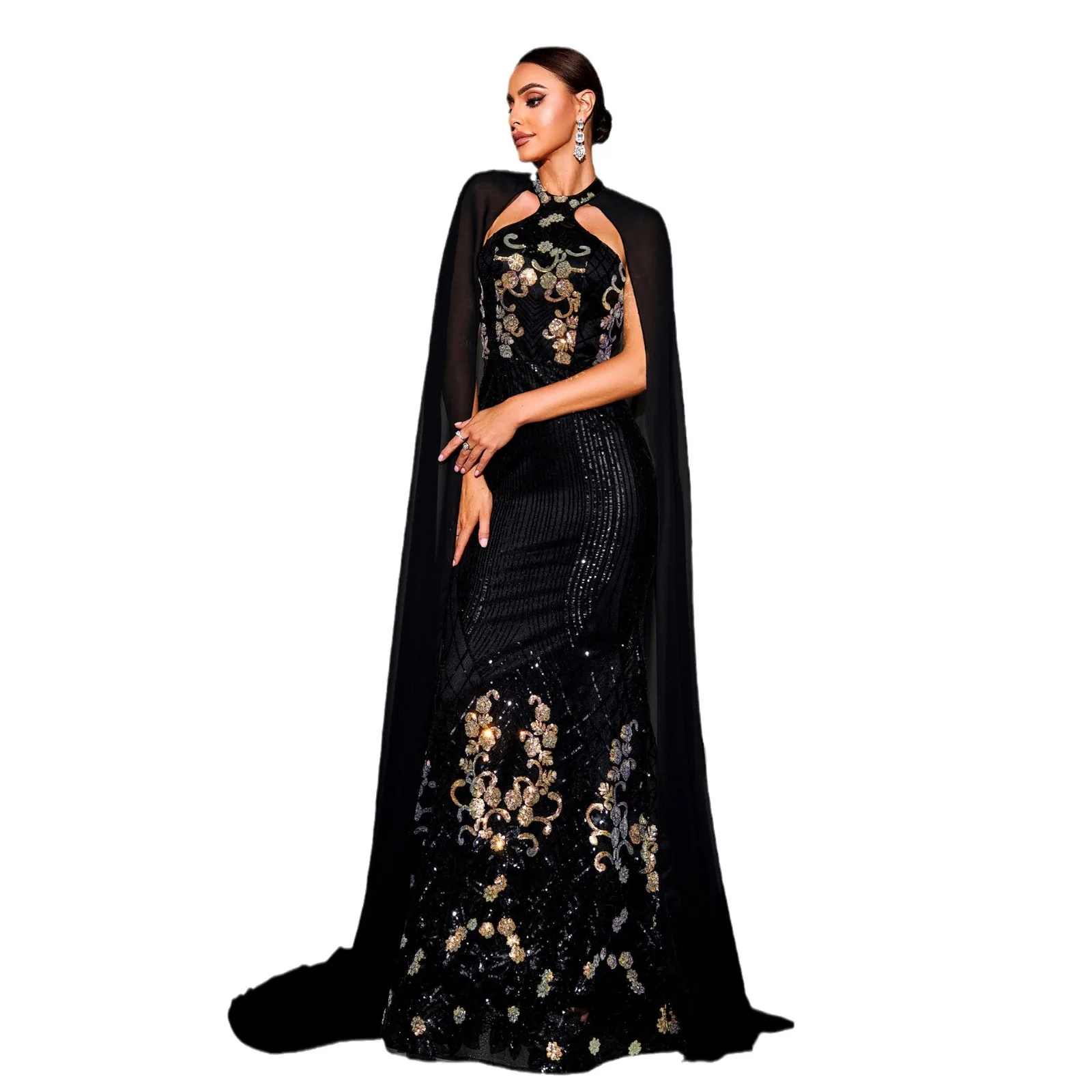 2025  Elegant Floral Pattern Halter Long Sequin Mesh Shawl Evening Dress Female Party Bridesmaid Summer