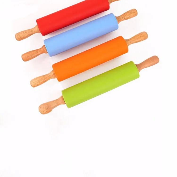 Home kitchen pastry baking tools non-stick silicone rolling pin with wood handle