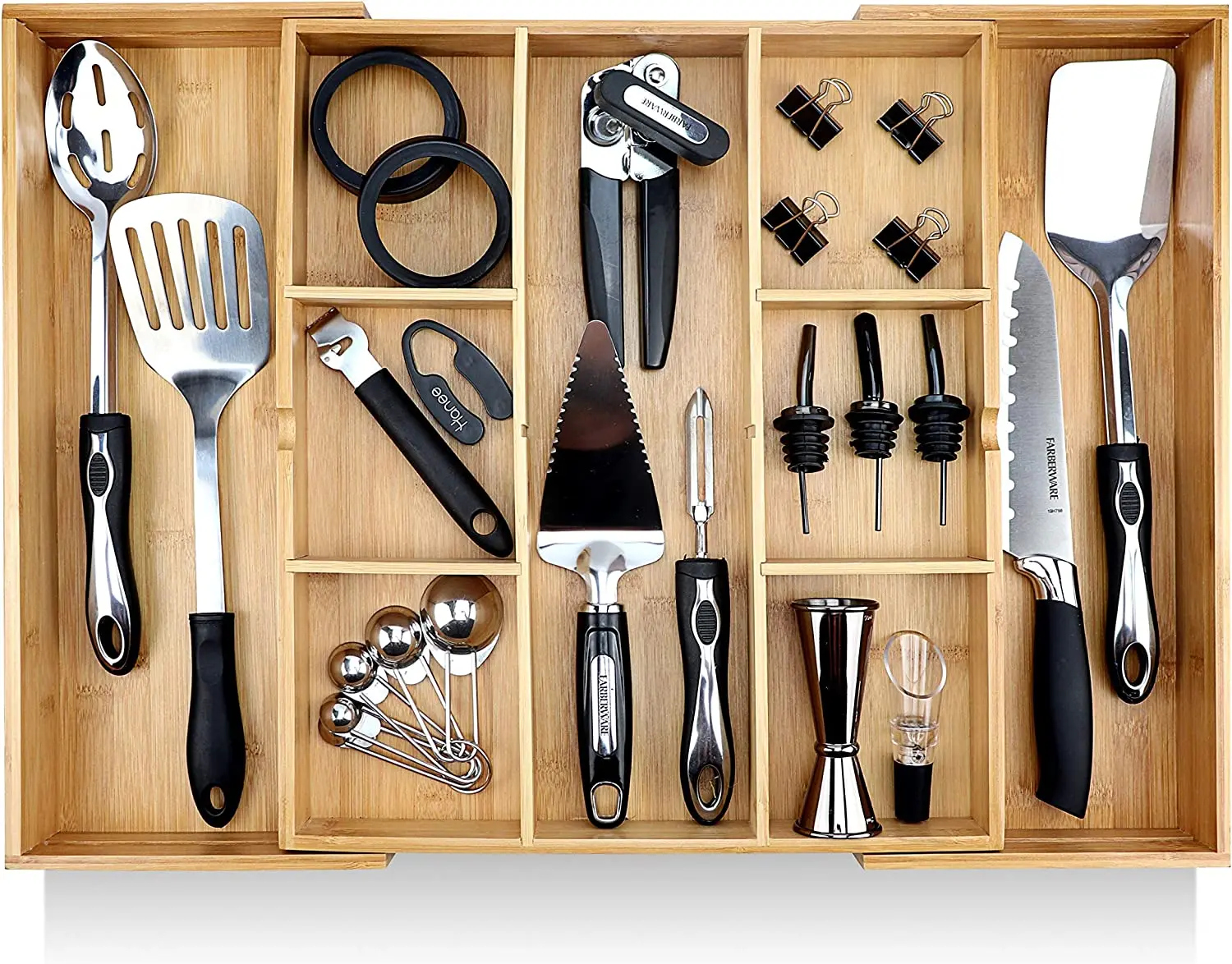 Bamboo Expandable Drawer Organizers for Kitchen - Extra Deep Non-Slip (expands up to 25 inches) Dark Wooden Silv