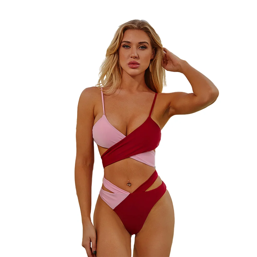 
2021 Hot Sale Bathing Suits Sexy Fashion Two Pieces Color Stitching Cross Bikini Sexy Women Swimwear Bikini Set 