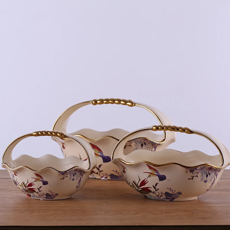 Luxury Royal unique decorative fruit bowl porcelain flower basket with handle