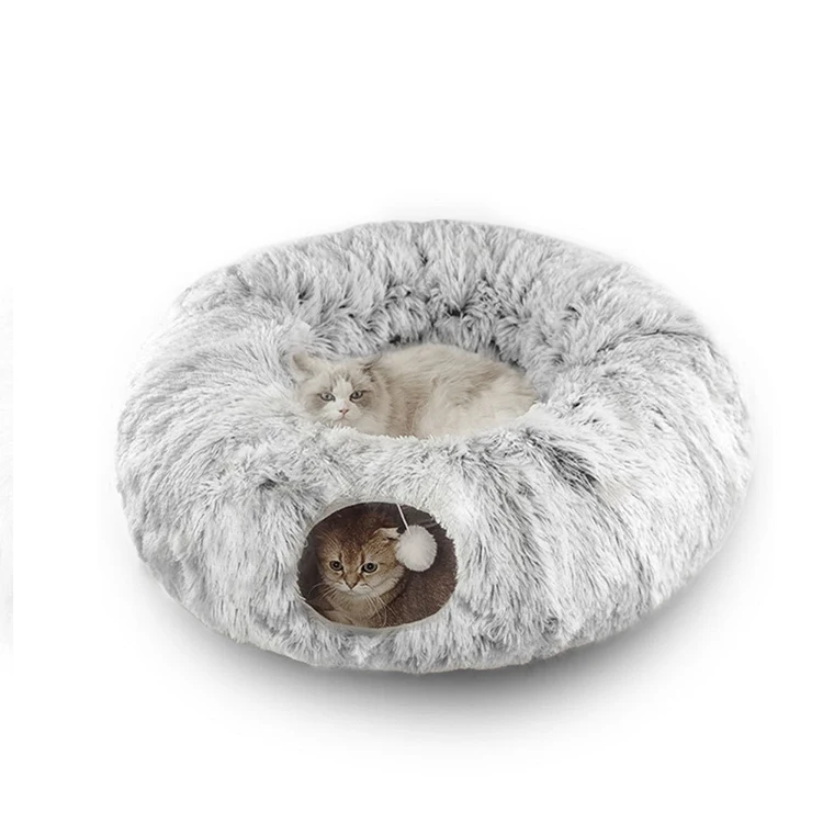 Long fur Cat Tunnel Bed Soft Plush Nest for Pets Collapsible plush foldable Cat Tunnel House with Central Mat