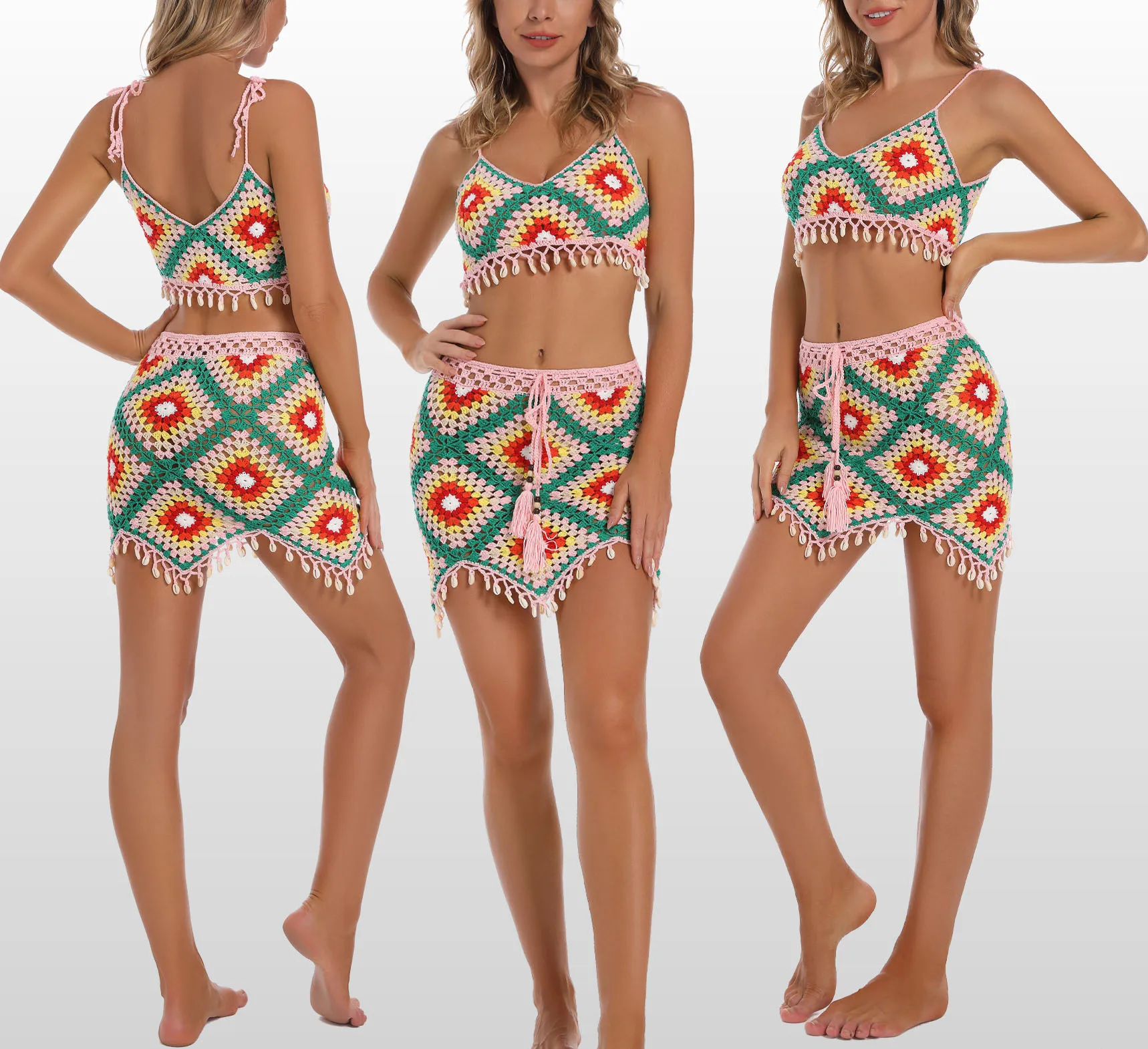 Вязаное бикини ручной работы пляжная мини юбка ракушка Купальная комплект