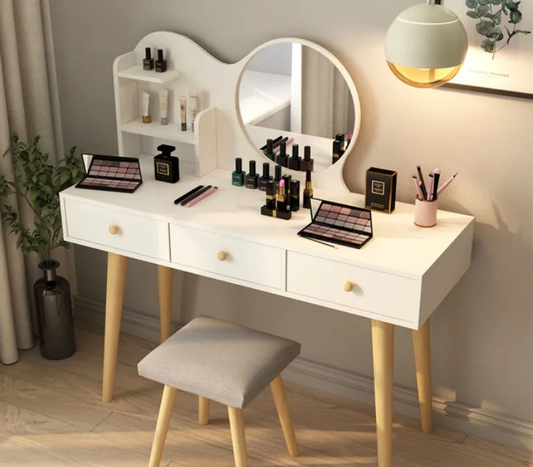 Nordic Style Storage Cabinet Integrated Dressing Table with Mirror and Stool Dressing Table