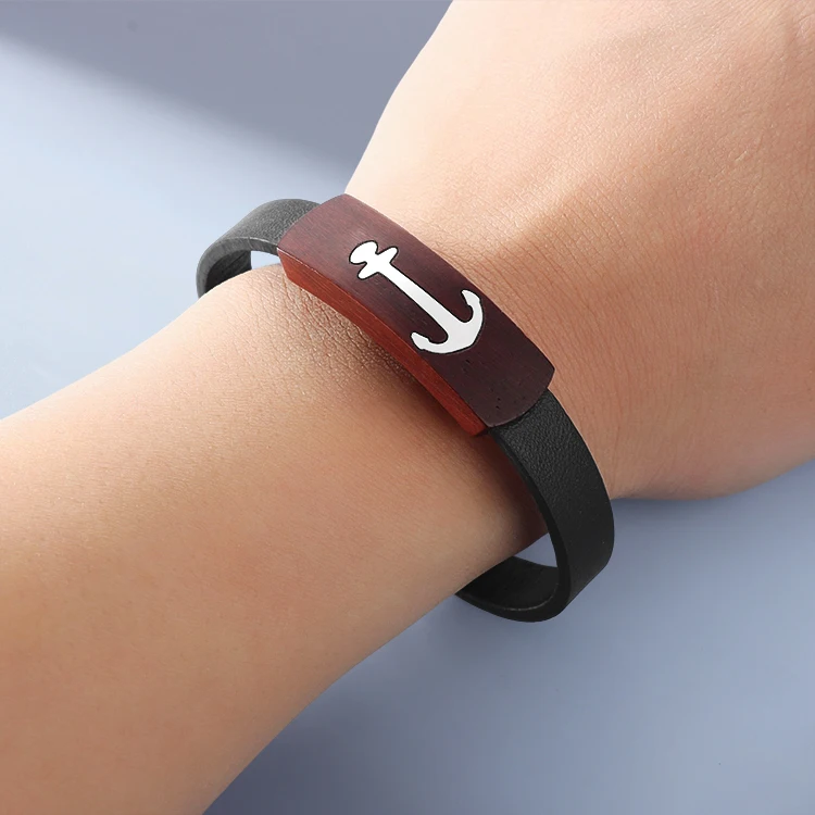 Haosem Unique Customize Inset Metal Anchor with Wooden Bracelet Accessories Mens Leather Bracelet