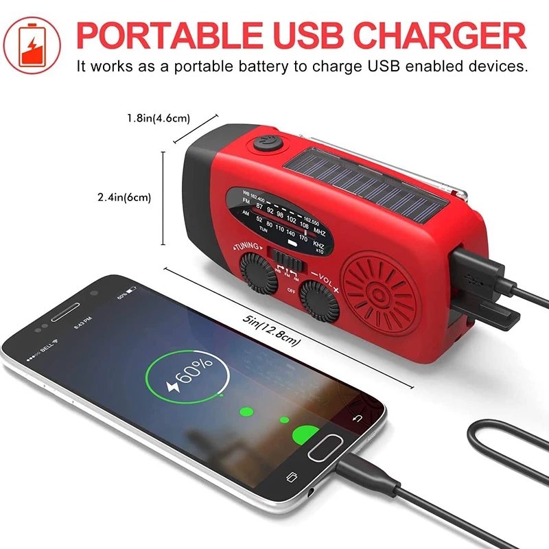 In Stock Portable Rechargeable Emergency Solar Hand Crank 2000mah WB / NOAA Radio with Phone Charger and LED Torch FM Radio