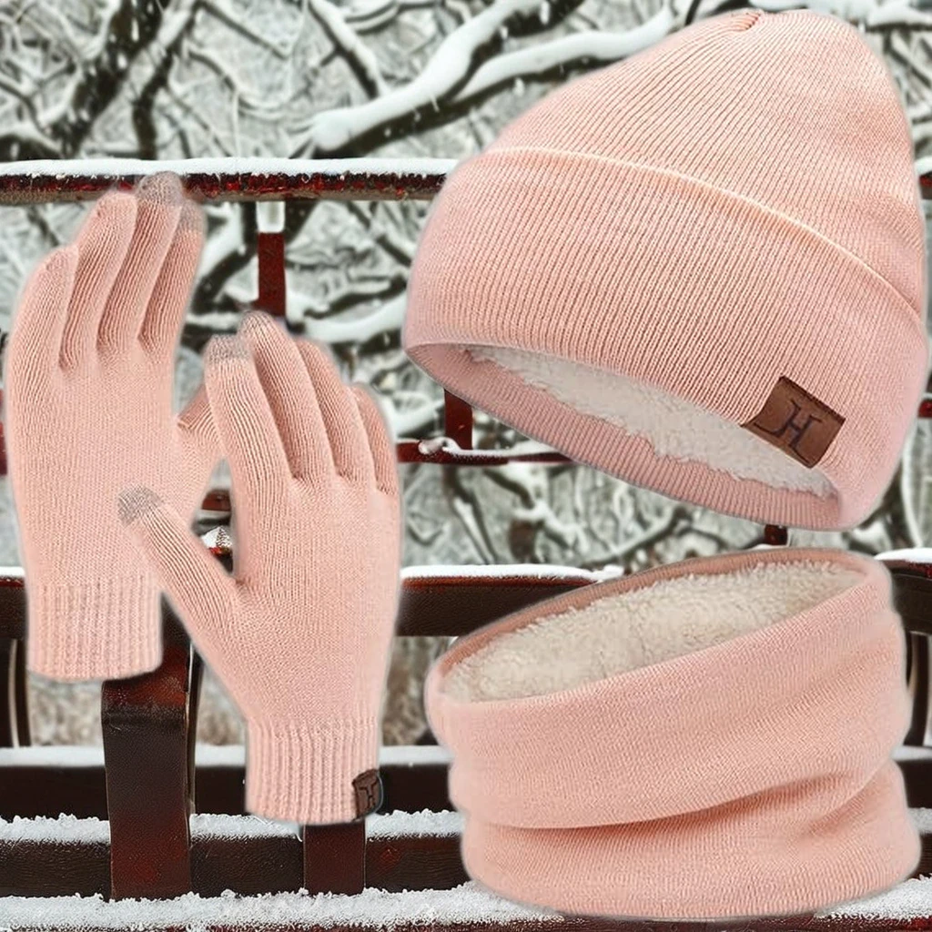 Custom Beanie Gloves Neck Warmer Set with Warm Knit Fleece Lined Winter Beanie Hat With Scarf Gloves Set