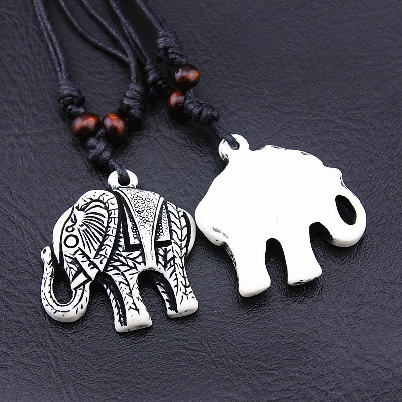 Ethnic Handmade Wax Cord Wood Beads Adjustable Choker Animal Resin Elephant Pendent Totem Amulet Jewelry For Men Women