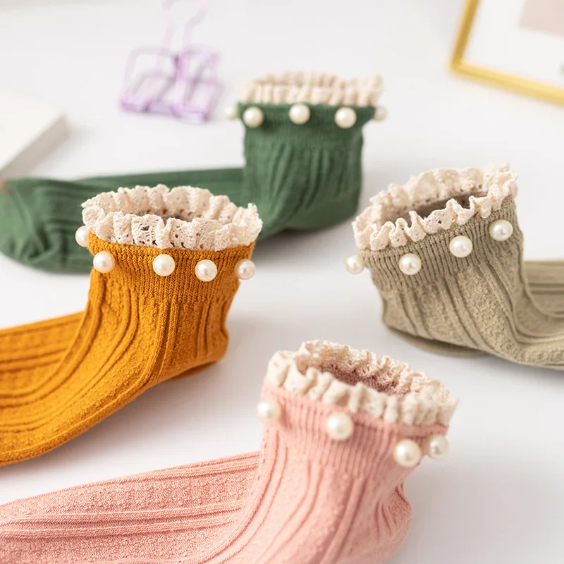 3 Pairs Set Pearl Women Socks Cotton Cute Fashion Casual Lolita Lot Japanese Lace Solid Girl Color Women Ankle Slippers Princess
