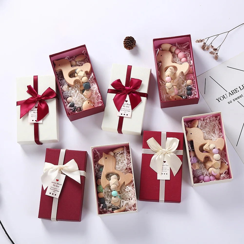 MU 2Pcs/Set Unicorn Design Baby Rattle Crochet Wooden Silicone Beads Teether Baby Teething Ring Toys Gift Box