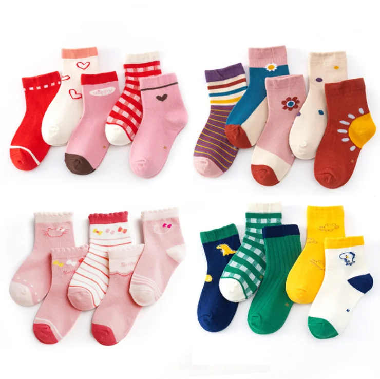 wholesale 5 pack children cute kids socks cotton girls school teen boys socks jacquard kids cartoon crew sock