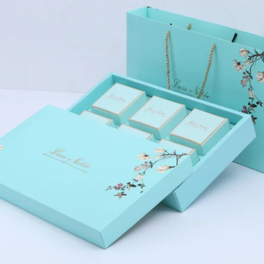 high quality custom logo food grade art paper durian mooncake sky blue packaging paper box with 4 dividers