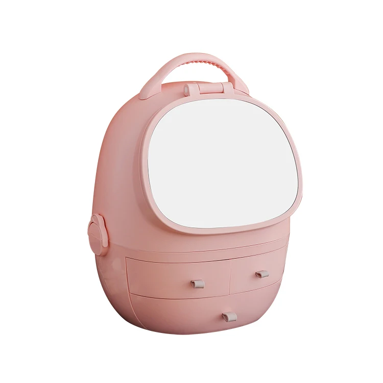 Household Plastic Dust-Proof Double Layer Beauty Makeup Storage Box with Lift Mirror Cute Lazy Cosmetic Storage Box