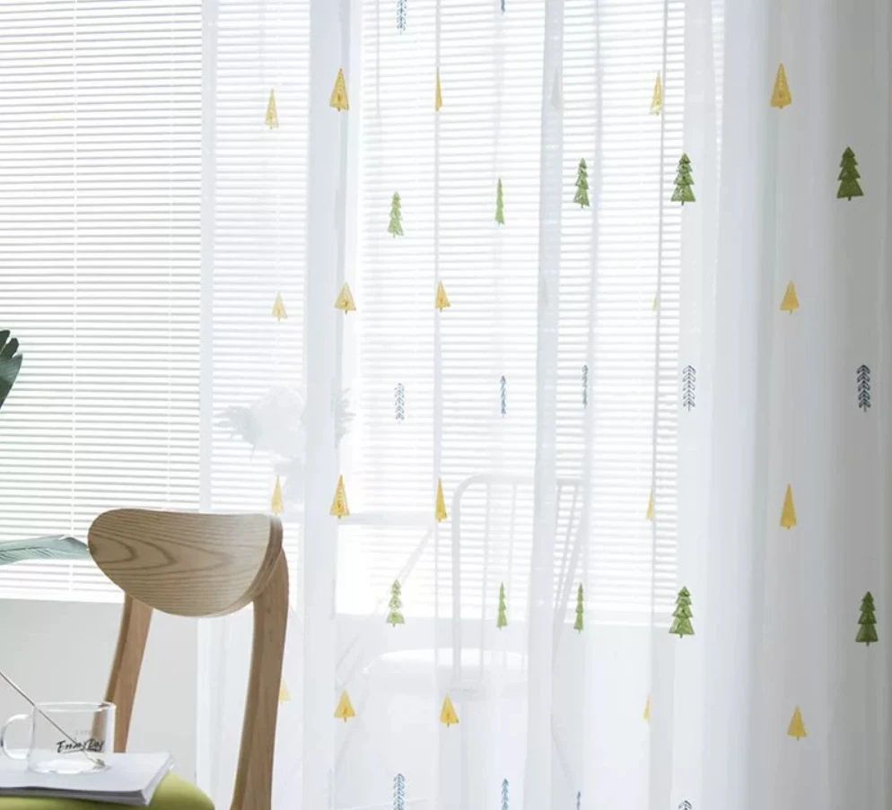 ZSTARR Factory Home Use Custom Christmas Tree Embroidered Linen Fabric Window Decoration Curtains Sheer for Living Room Bedroom