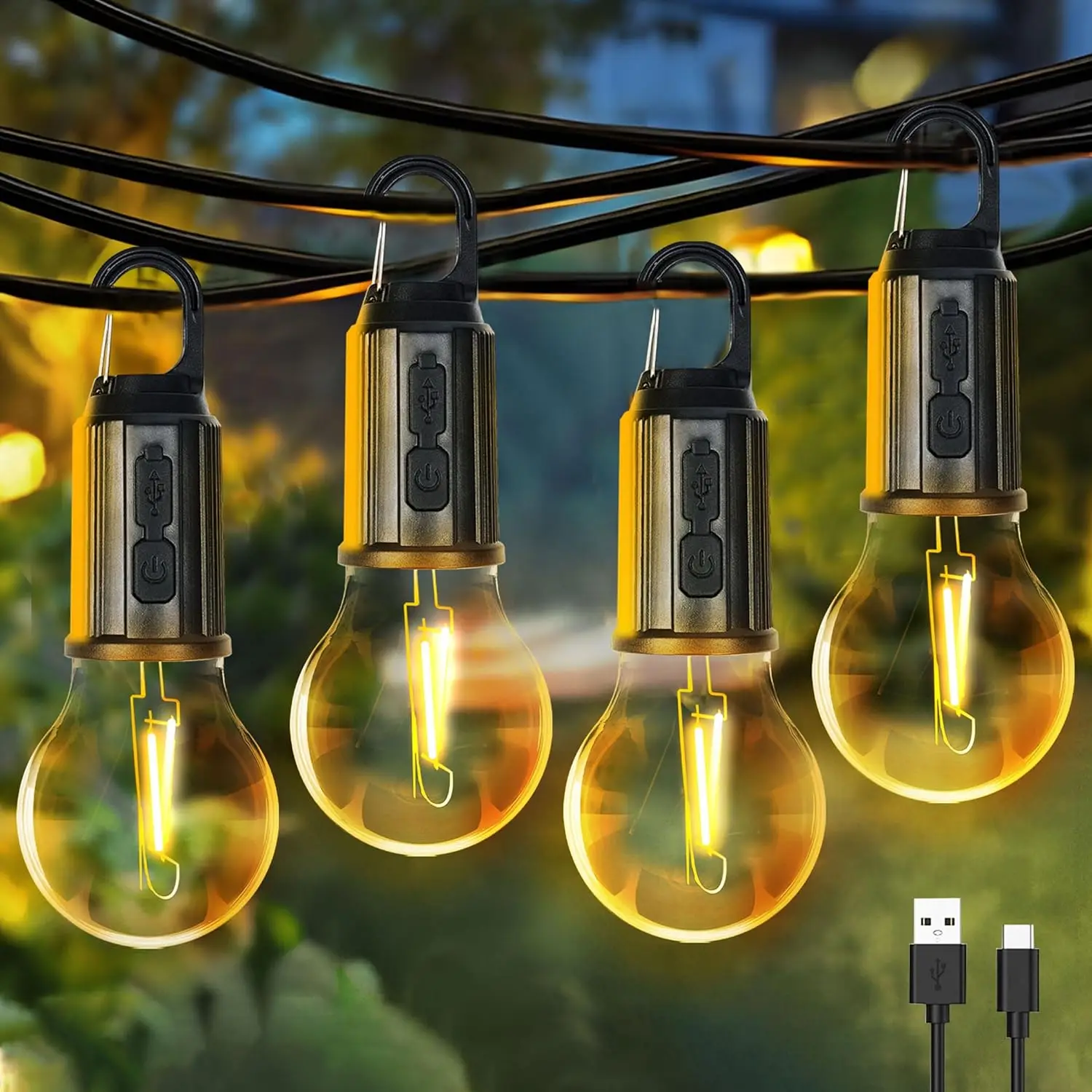 Factory Price 2024 New Waterproof Multi function Type C Rechargeable Tent Hanging Retro Outdoor Camping Lights Bulbs  with Hook